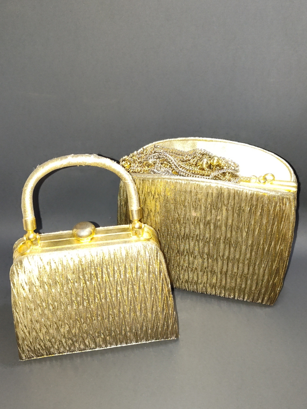 Gold Lame Metallic Evening Handbag and Matching Clutch